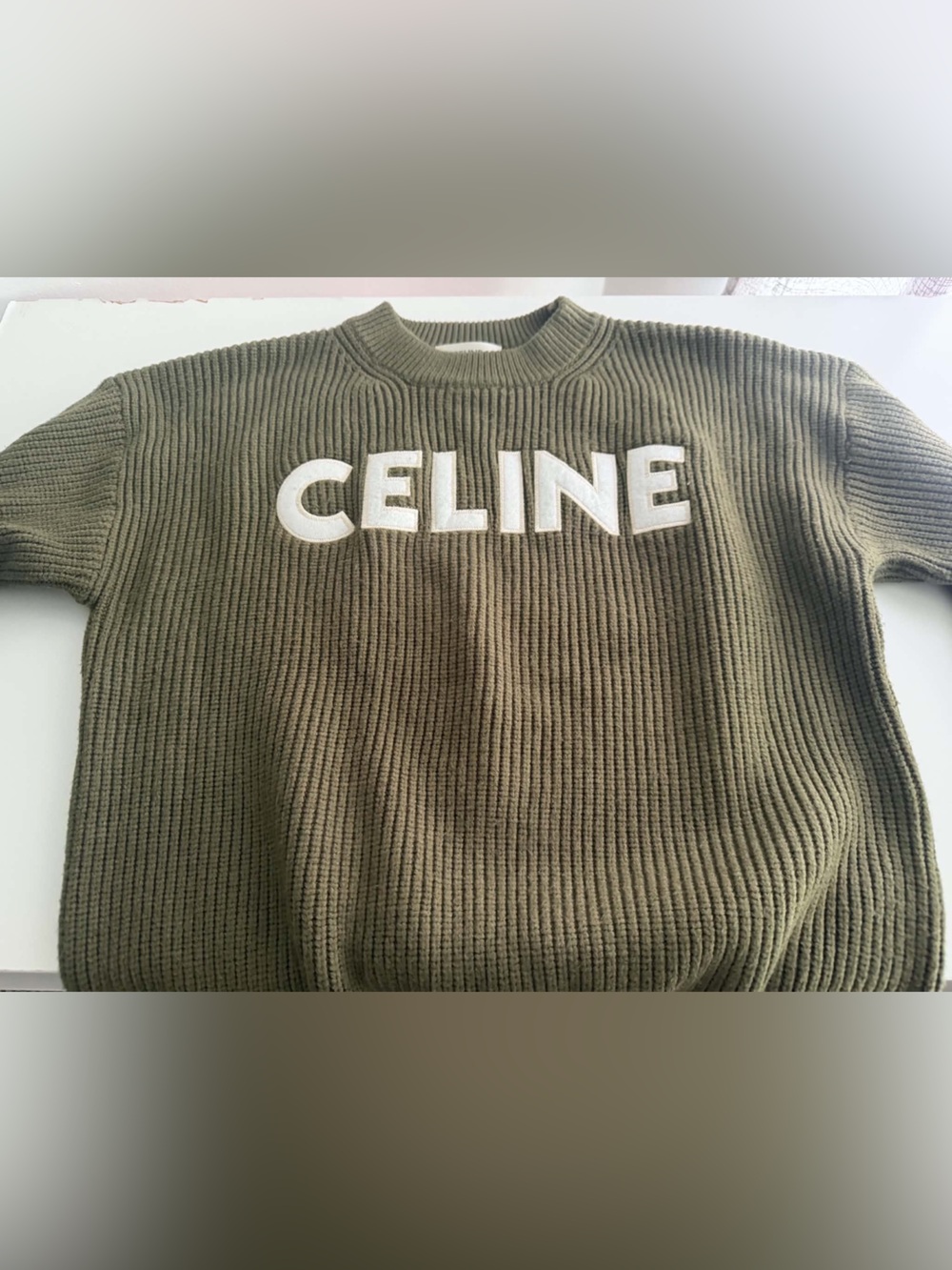 Celine Olive Ribbed Crewneck with White Logo
